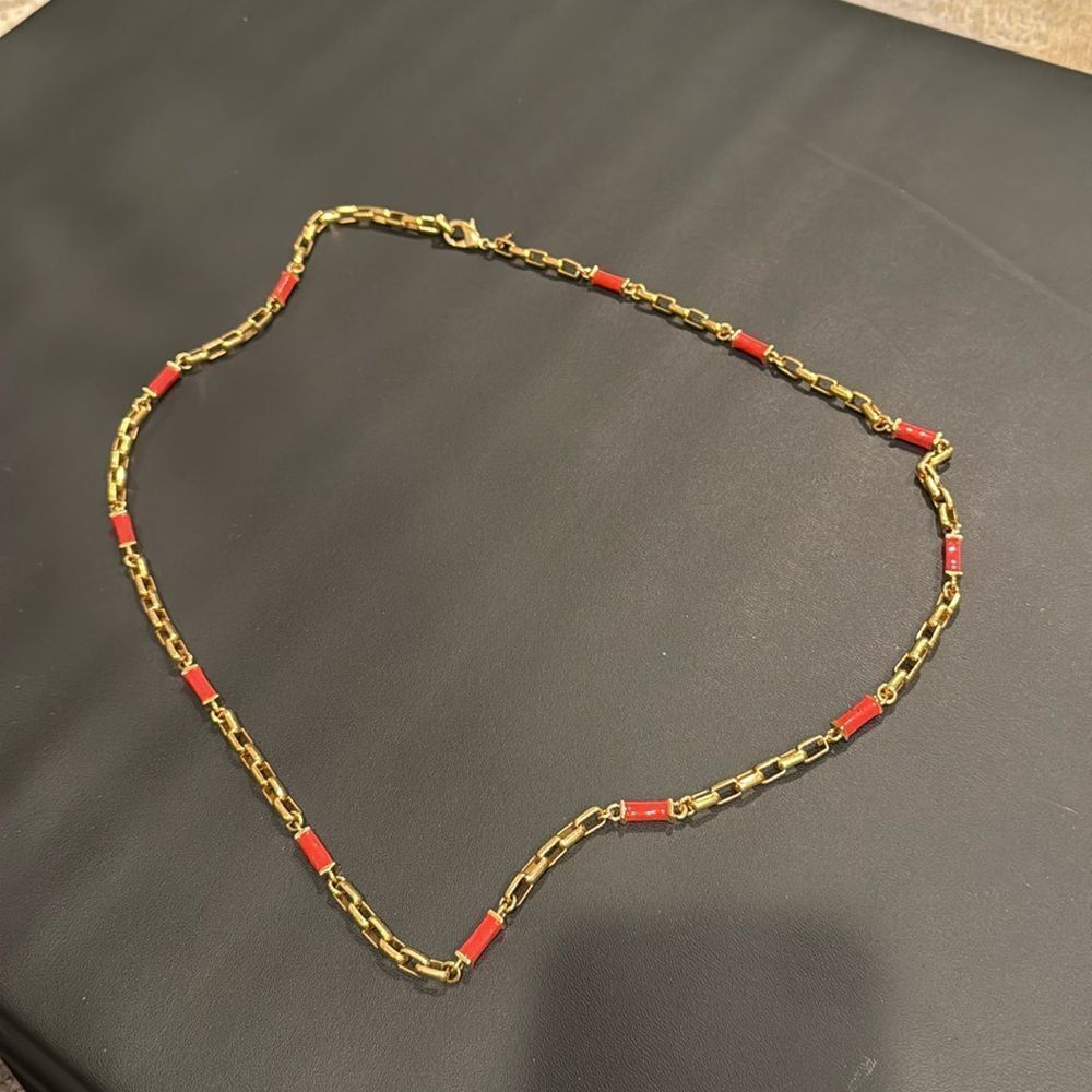Banana Republic red enamel chain link gold tone long necklace GUc